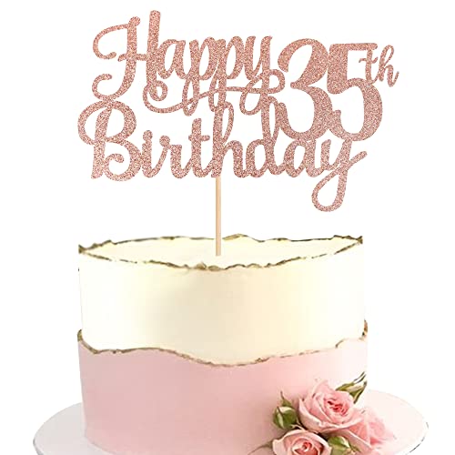 1 PCS Happy 35th Birthday Cake Topper Glitter Cheers to 35 Years Birthday Cake Pick 35 Fabulous Cake Decoration for Happy 35th Birthday Theme Party Decorations Supplies Rose Gold (Rose Gold / 35th)