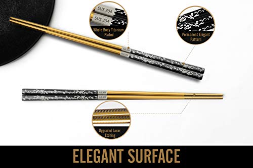 Chopsticks Reusable Titanium Plated Metal Chopsticks 304 Stainless Steel Chopstick Dishwasher safe Japanese Korean lightweight Engraved Anti (Black/Gold)