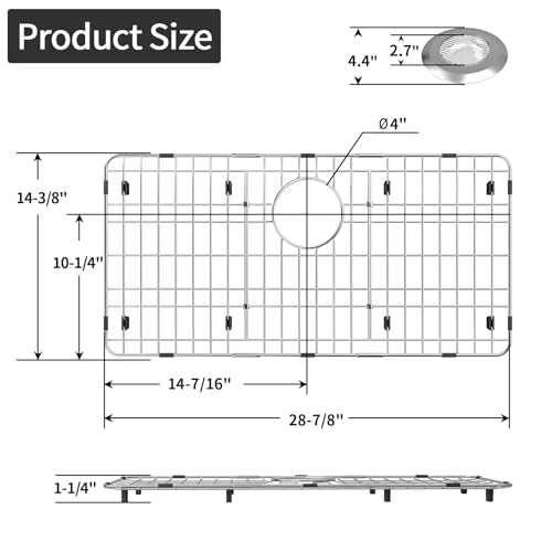 28-7/8" x 14-3/8" Stainless Steel Sink Protector, Sink Grate for Bottom (28-7/8''x14-3/8''/Rear Drain)
