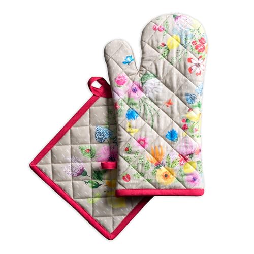 100% Cotton Oven Mitt & Pot Holder Set (105 - Jardin D'ete - Fog / 7.5" x 13" & 8" x 8" (Oven Mitt & Pot Holder))