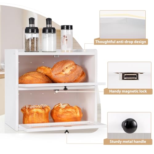 Bread Box for Kitchen Countertop Wooden Bread Storage Container Bin 2 Layer Breadbox Holder Large Capacity Keeper Vintage Farmhouse Food Organizer Pantry Shelf Acrylic Window (White)