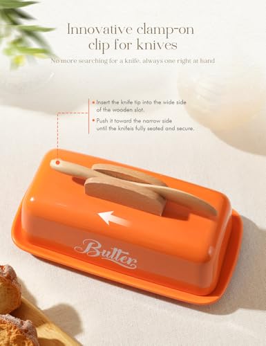 Butter Dish with Lid and Knife Butter Tray Holder for Counter Orange (Orange)