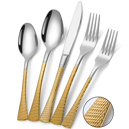 Hammered Silver Gold Silverware Set (Silver Gold / 30 Pieces Set)