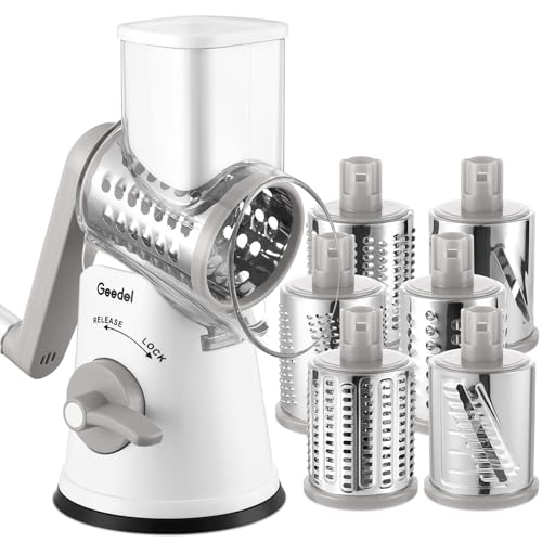 Rotary Cheese Grater Vegetable Shredder With 6 Interchangeable Blades No Slip Suction Base (White Grey / 6 Blades)