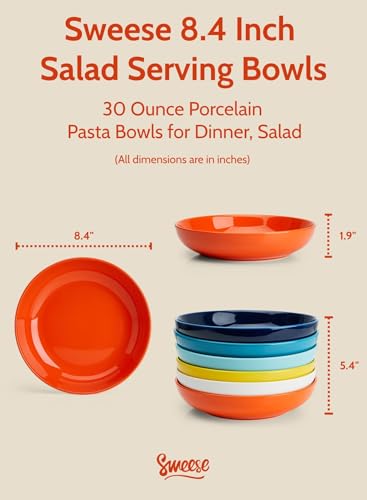 Pasta Bowls 30 Ounce Salad Serving Bowls Set of 6 (8.4 inches / Hot Assorted Colors)