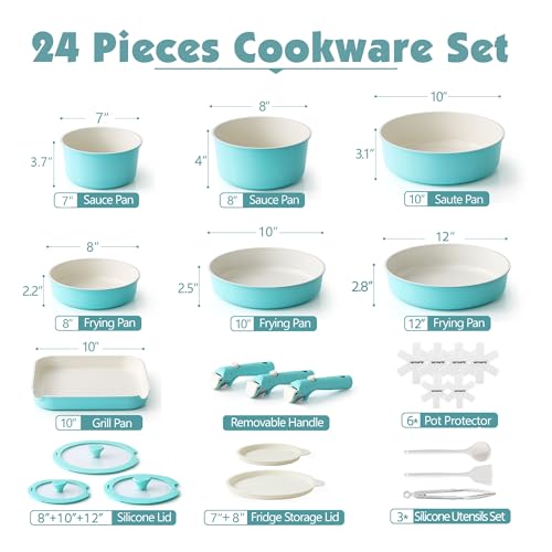 24 Piece Ceramic Detachable Handle Pots and Pans Set Turquoise (Turquoise / 24 Piece)