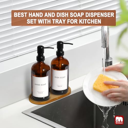 Amber Glass Soap Dispenser (Amber Bottle + Black Pump + Bamboo Tray / 2 Pack + Tray)