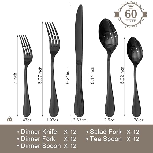 18 10 Stainless Steel Silverware Set for 12 (Black / 60-Piece)