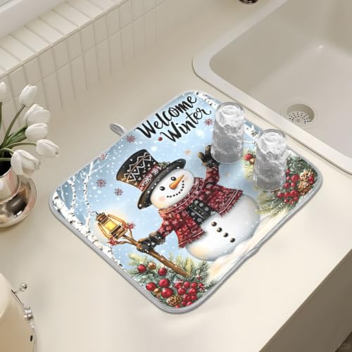 Winter Snowman Christmas Dish Drying Mat for Kitchen Counter Absorbent Microfiber Large Drying Pad Dish mats for Kitchen Countertops 18 x 24 Inch (Winter Snowman / 24" x 18")