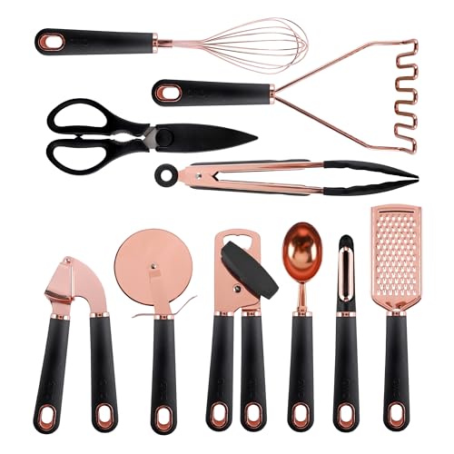 Kitchen Gadget Set Copper Plated Stainless Steel Utensils with Soft Touch Handles (10 Pieces / Copper Black)