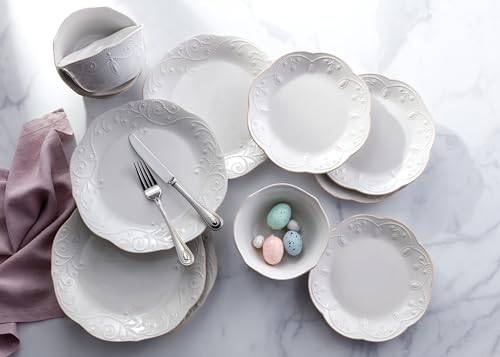 French Perle White Stoneware Dinnerware Set with All (12-Piece Dinnerware Set, All-Purpose Bowls)
