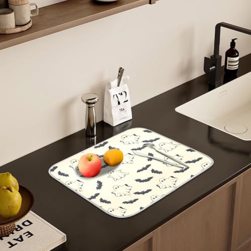 Halloween Spooky Ghost Bats Dish Drying Mat for Kitchen Counter Absorbent Microfiber Small Drying Pad Dish mats for Kitchen Countertops 16 x 18 Inch (Halloween Ghost Bats / 18" x 16")