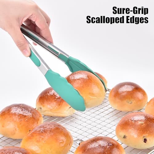 Kitchen Tongs with Silicone Tips for Cooking Serving (9in / Aqua Sky)