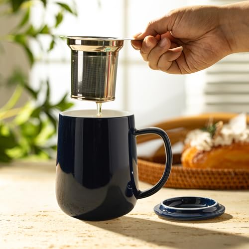 20oz Porcelain Teacup with Infuser and Lid (Dark Blue)