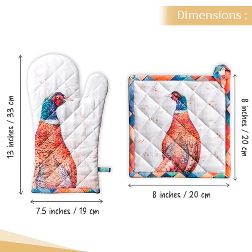 100% Cotton Oven Mitt & Pot Holder Set (084 - Faisan D'automne / 7.5" x 13" & 8" x 8" (Oven Mitt & Pot Holder))