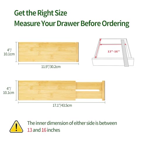 6 Pack Bamboo Drawer Dividers (4''H, 11.9''-17.1''L, 6 Pack)
