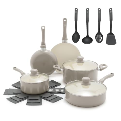 16pc Ceramic Nonstick Pots & Pans Cookware Set (16 Piece Cookware Set / Bloom / Taupe)