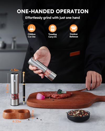 Mini Electric Salt and Pepper Grinder Set with Wood Base (MINI / Silver)