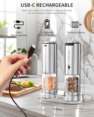 Electric Salt and Pepper Grinder Set Stainless Steel Rechargeable Salt and Pepper Grinder Set (2-Speed Rechargeable Set with Base)