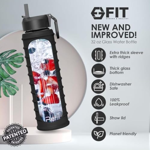 32 oz Glass Water Bottle with Time Marker (Ribbed Black Sleeve)