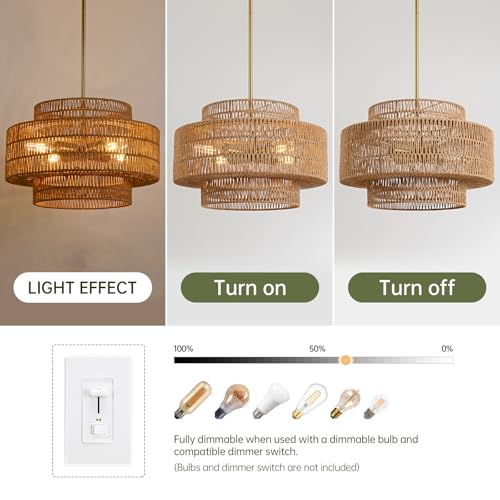 17.7" Rattan Chandelier for Dining Room (Brown / 17.7" 4-Light)