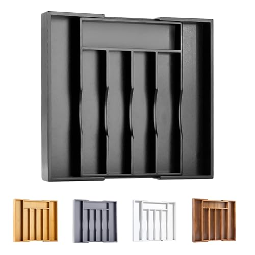 Black Silverware Organizer Kitchen Drawer Organizer Expandable Bamboo Utensil Holder Cutlery Tray for Kitchen Utensil and Flatware Bedroom Office