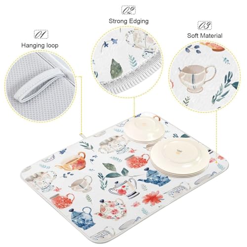 Watercolor Tea Cups Teapots Dish Drying Mat for Kitchen Counter Absorbent Microfiber Drying Pad (18" x 18")