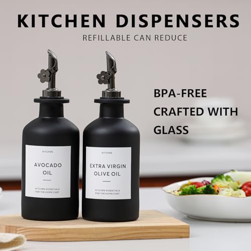 Olive Oil Dispenser for Kitchen (12oz-Black&Black Spout+Tray / 11.8 fl oz)