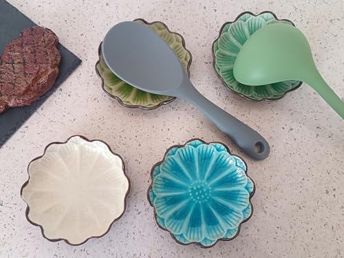 Ceramic Spoon Rest for Stove Top (Cracks Deco, Cream White)