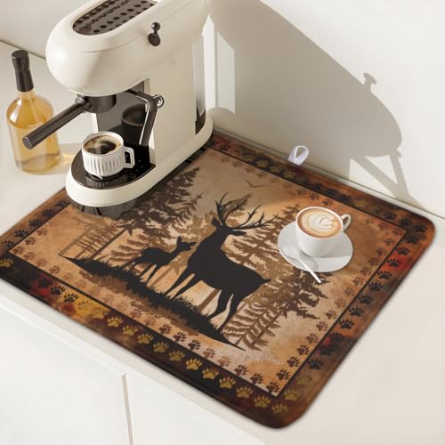 Forest Deer Dish Drying Mat Wildlife Animal Dishes Pad 16"x18" Microfiber Absorbent Fast Dry Drainer Rack Mats for Kitchen Countertop Decor (Forest Deer Brown / 16x18 inch)