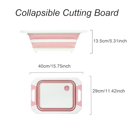 Camping Collapsible Cutting Board Dish Basin BBQ Prep Tub Camp Sink Dish Washing Station Multifunctional Storage Basket (Pink White)