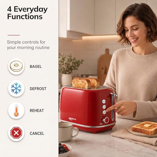 2 Slice Stainless Steel Toaster Retro with 6 Bread Shade Settings (2 Slice / Red)