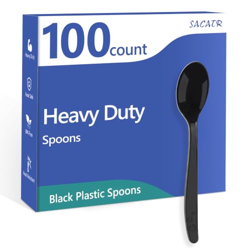 100 Count Black Plastic Spoons Heavy Duty (Black)