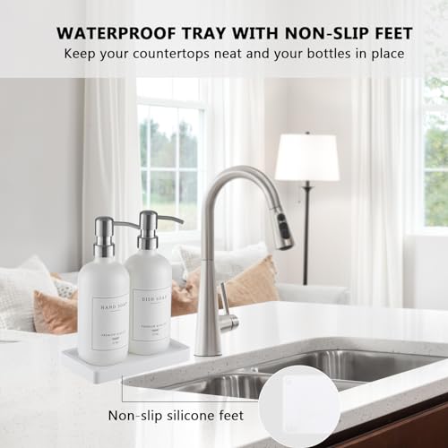 Thick Glass Soap Dispenser (White Bottle/Brushed Silver Pump + Tray + Funnel)