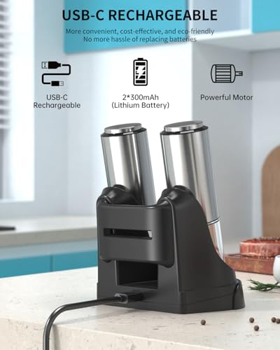 Rechargeable Salt and Pepper Grinder Set Stainless Steel Electric Pepper Grinders with Variable Grinding Speed (2-Speed Rechargeable Set with Charging Base)