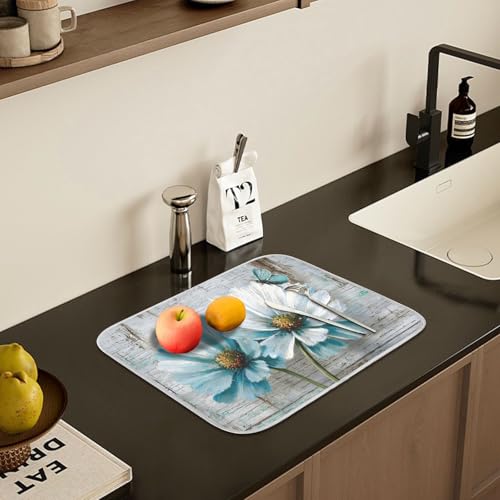 Rustic Teal White Daisy on Vintage Wooden Dish Drying Mat for Kitchen Counter Absorbent Microfiber Small Drying Pad Dish Mats for Kitchen Countertops 16 x 18 Inch (18" x 16")