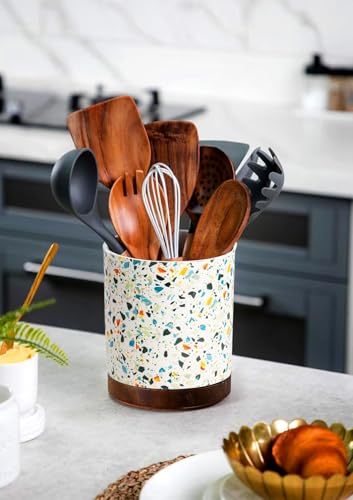 Ceramic Rotating Kitchen Utensil Holder for Countertop (Marble Pattern)