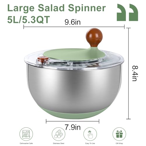 5.3Qt Stainless Steel Salad Spinner with Vibrant Green (Vibrant Green)
