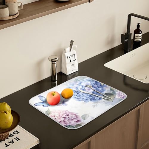 Blue Pink Hydrangea Spring Floral Dish Drying Mat for Kitchen Counter Absorbent Microfiber Small Drying Pad Dish Mats for Kitchen Countertops 16 x 18 Inch (18" x 16")