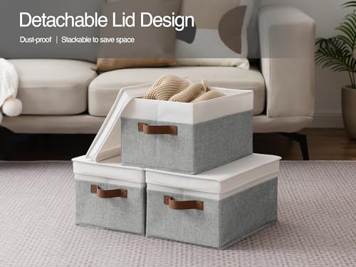 Fabric Storage Bins with Lids (Gray and White / Large)