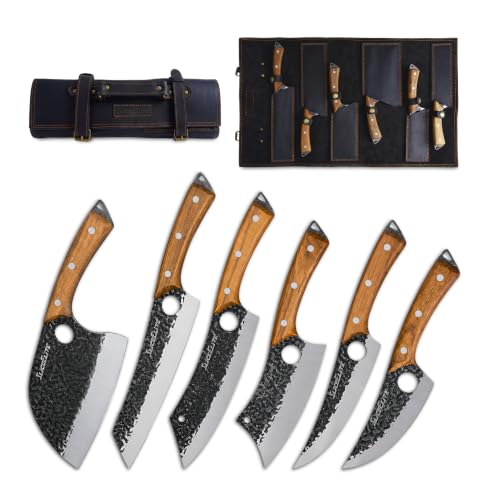 6PC Knife Set Leather Roll Cleaver Serbian Viking Boning Scimitar Kiritsuke