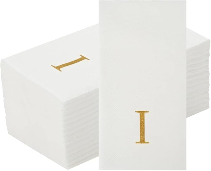Luxenap 15.8 X 7.9 Inch Linen-Feel Guest Towels, 2000 Lettered Hand Towels - Gold Letter 'I', Sans Serif Font, White Paper Dinner Napkins, airlaid, For Restrooms And Tables
