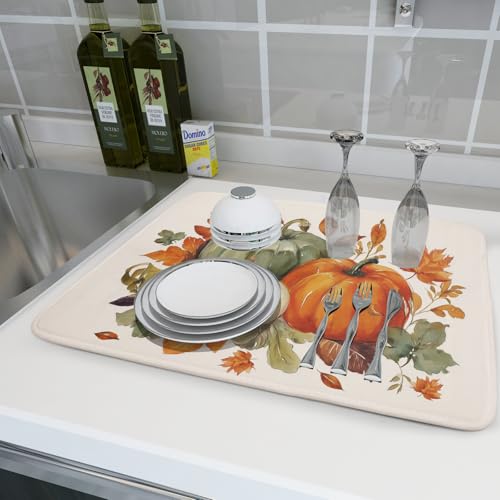 Fall Pumpkin Dish Drying Mat Autumn Leaves Absorbent Dishes Pad 18x24 Inch Seasonal Microfiber Dish Drainer Rack Mat for Kitchen Countertop (Fall Pumpkin / 18x24 inch)