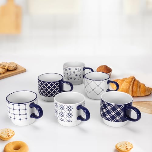 12 OZ Stackable Ceramic Coffee Mugs set of 6 (12 OZ / Blue Coffee Mugs)