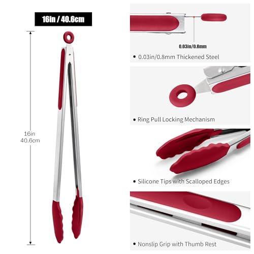 Kitchen Tongs with Silicone Tips for Cooking Serving (16in / Red)