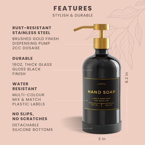 Hand and Dish Soap Dispenser for Kitchen and Bathroom (Gloss Black Bottle / Brushed Gold Pump)