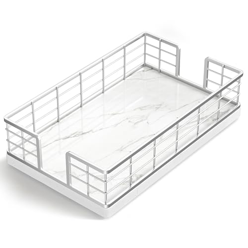 Marble Guest Towel Holder Tray for Bathroom (Silver/Marble White / 9.06 x 5.51 x 2.56 inches)