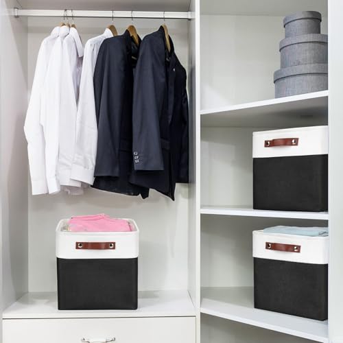 Collapsible Fabric Storage Cubes 11x11 Cube Storage Bins (Black / Off-White / Cube - 11"x11"x11")