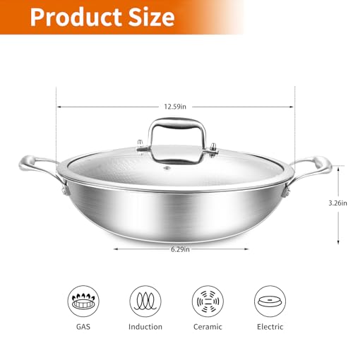 12 Inch Stainless Steel Nonstick Wok Pan with Lid 5Qt Pot (12 Inch/Double Handle)