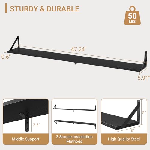 48 Inch Large Wall Bookshelves Set of 3 (Black / 47.24"W x 5.9"D x 5.4"H,Set of 3)